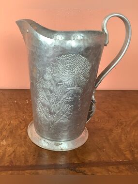 Vintage Continental Hand Wrought Aluminum Pitcher #509 Chrysanthemum 10”